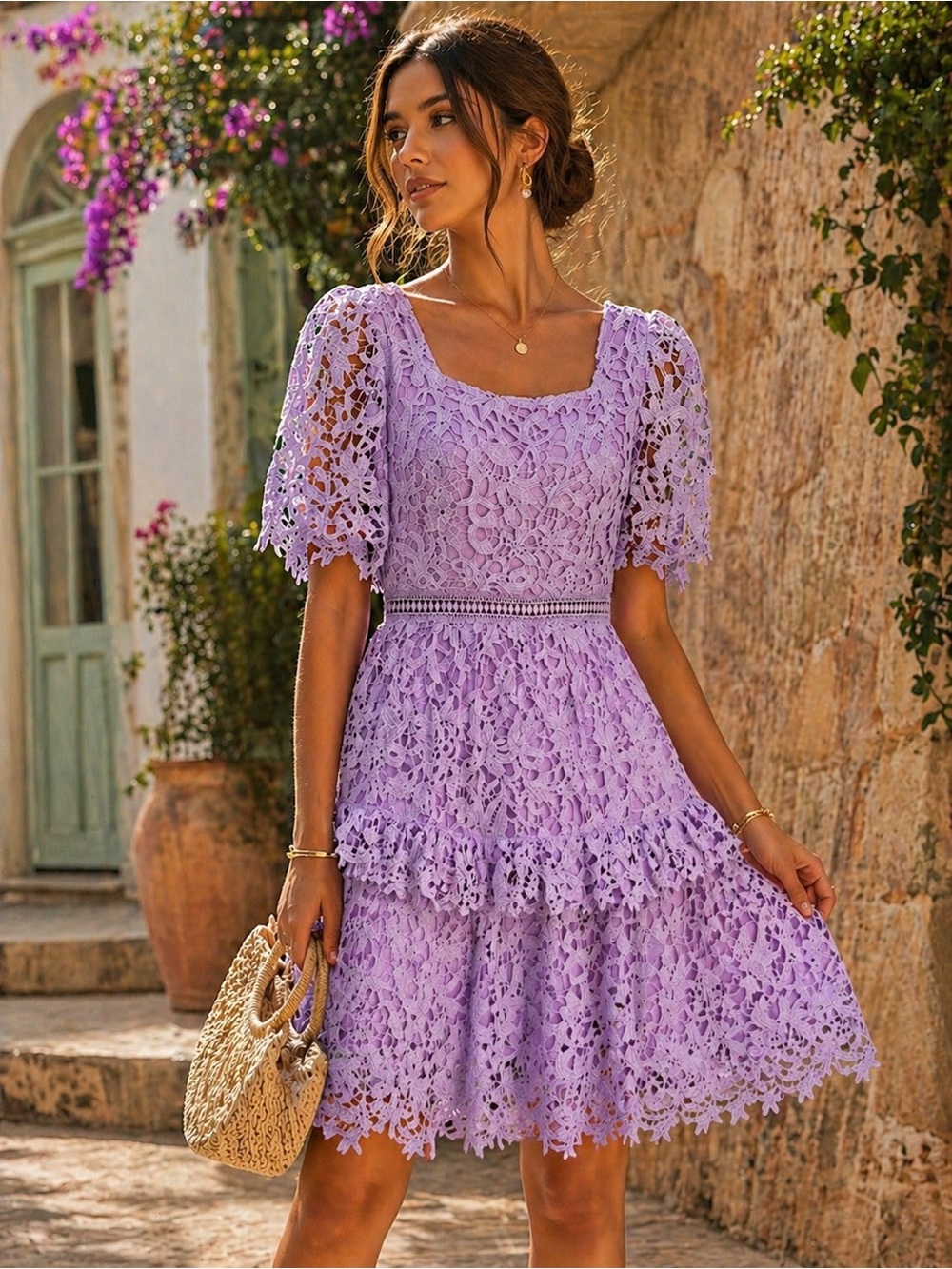 79. Lavender Lace Tiered Dress with Puff Sleeves